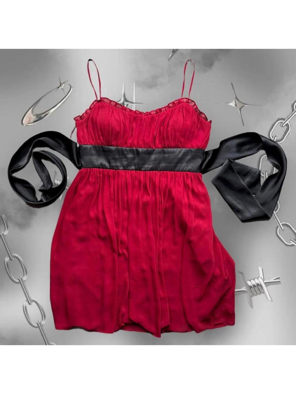 Y2K 90s Vintage Red & Black Babydoll Chiffon Mini Dress Long Black Tie Waist